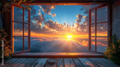 a sunset out an open window of a room with wooden floor