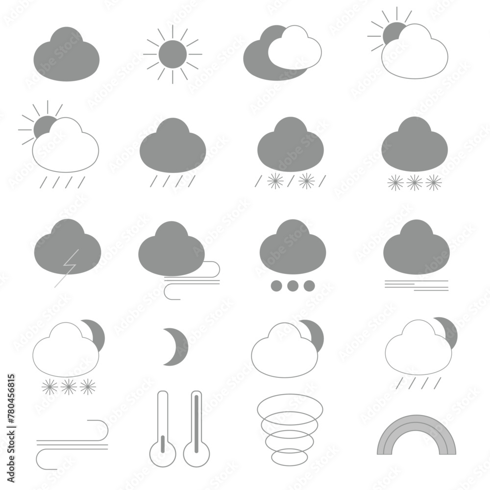 Grey weather forecast icons set, with a white background. Outline set of weather forecast vector icons for web design Grey weather forecast icons set, with a white background. Outline set of weather forecast vector icons for web design