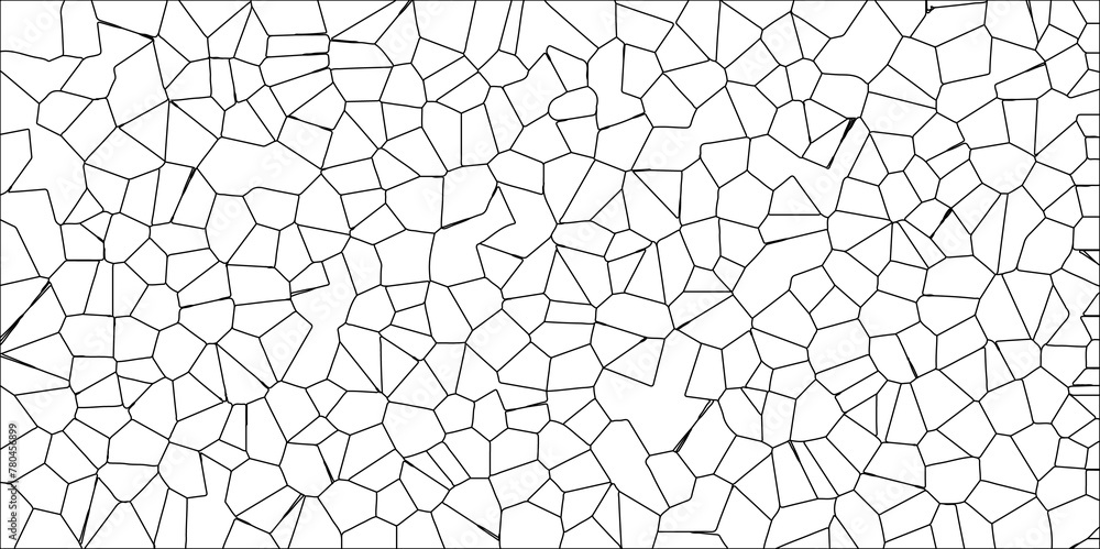 Obraz premium Abstract White Colored Broken Stained-Glass Geometric Retro Tiles Pattern w Black Lines & Quartz Crystal Voronoi Diagram Background for Website, Fabric Printing, Brochures, Luxury/Premium Packaging