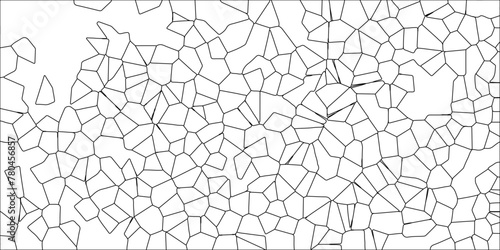 Abstract White Colored Broken Stained-Glass Geometric Retro Tiles Pattern w Black Lines & Quartz Crystal Voronoi Diagram Background for Website, Fabric Printing, Brochures, Luxury/Premium Packaging