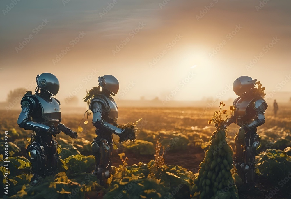 AI generated illustration of robotic exoskeletons standing near fruits AI generated illustration of robotic exoskeletons standing near fruits