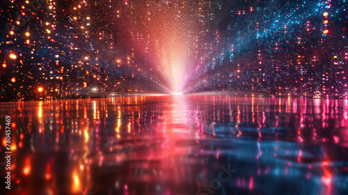 A river of projected lights, with countless tributaries, shot from below