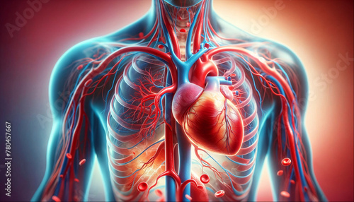 Human cardiovascular system, focusing on the heart and surrounding blood vessels, AI-generated.