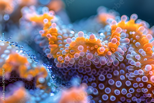a close up of a coral with a lot of water droplets on it's corals and coral corals on the bottom of the coral are orange and blue. © john