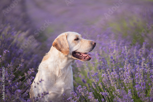 Labrador sitting in a lavendet field. © Lrincz