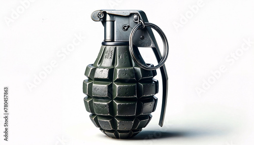 Hand grenade with a pin and lever intact, set against a white background