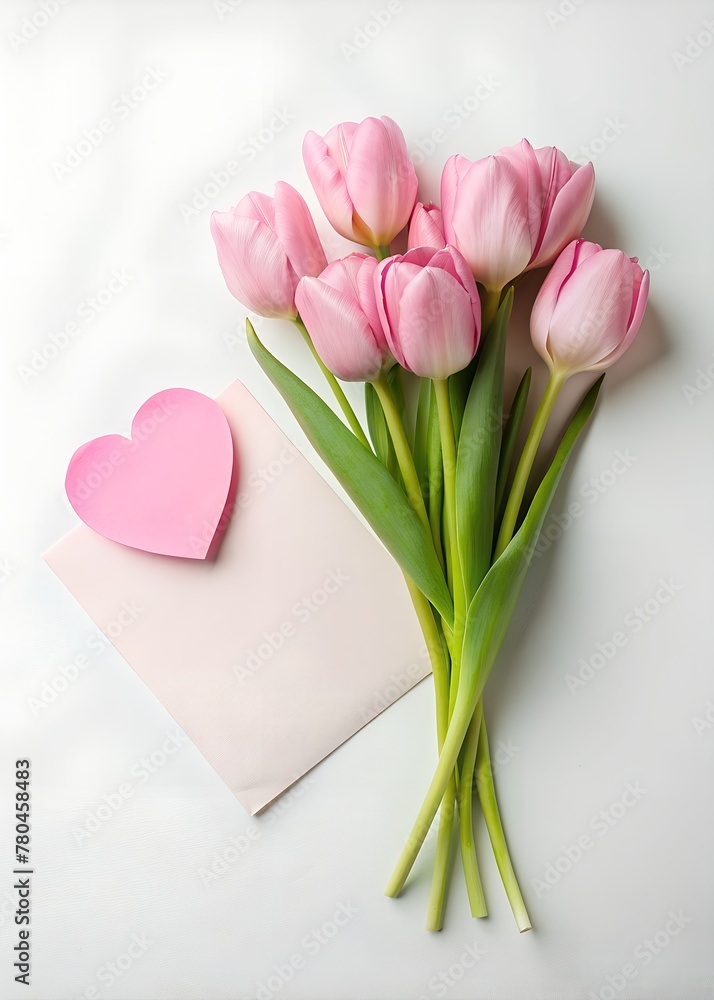 AI generated illustration of a pink tulip bouquet with a card, and a pink heart AI generated illustration of a pink tulip bouquet with a card, and a pink heart