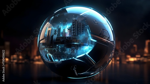Illuminating Digital Sphere in Futuristic Cityscape with Circuit Embellishments and Glowing Structures