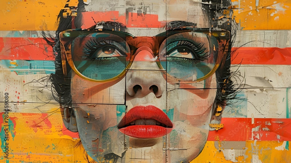 a painting on a wall has glasses and a red lip