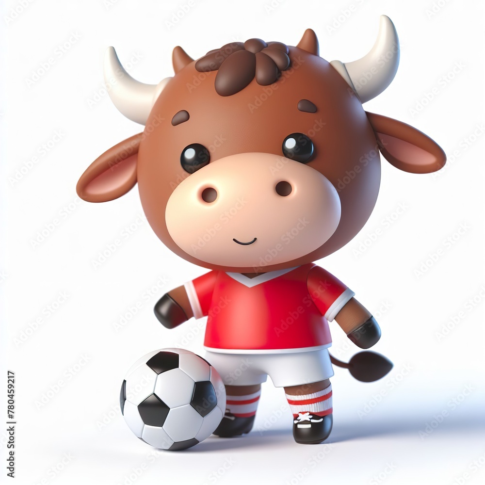 Cute character 3D image of a ox with simple football clothes playing a ball, funny, happy, smile, white background Cute character 3D image of a ox with simple football clothes playing a ball, funny, happy, smile, white background
