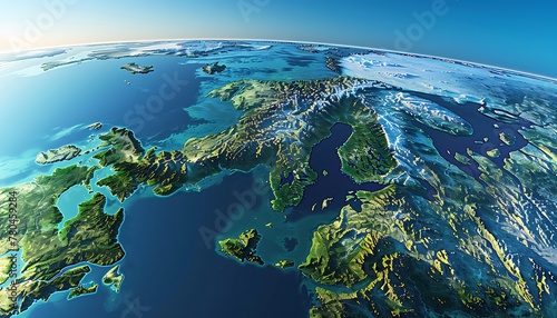 3D illustration showing flattened satellite view of Scandinavia and Northern Europe's geography and topography