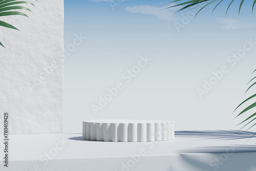 Product display stand and tropical palm leaves with white plaster wall and blue sky background. 3D rendering  © nawapon