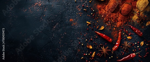 Photo of a dark background with scattered spices. On one edge there is dusted red chili powder, dried chillies and paprika. Top view