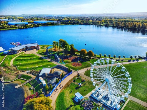 Aerial shot of Willen lake with its different attractions at Milton Keynes, Buckinghamshire, England photo