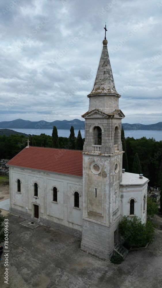 Vertical aerial view of the old parish church of Peter and Paul