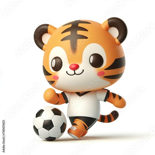 Cute character 3D image of a Tiger with simple football clothes playing a ball  funny  happy  smile  white background