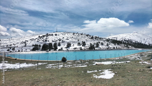 Landscape of snowy mountains with lakes around and plant sprouts, snowy trees and frost