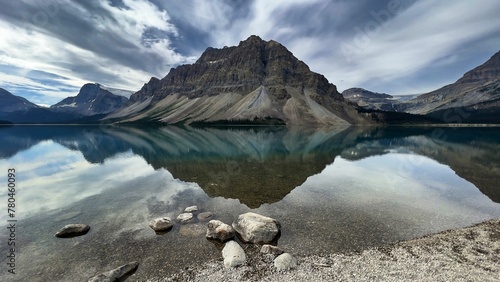 Panoramic view of Bow Lake in Banff National Park in Alberta, Canada
