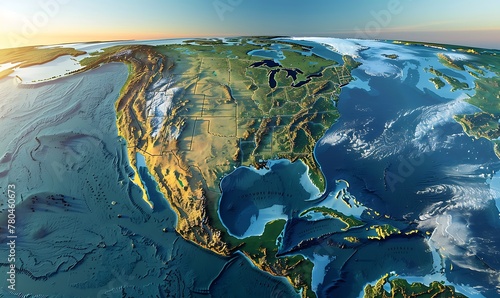 geography and topography of the USA through a detailed physical map, showcasing Earth's landforms in a 3D illustration