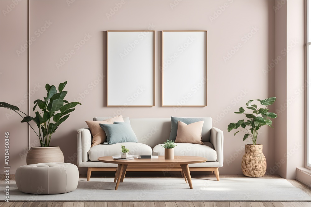 Mission Style Living Room: Blank Picture Frame Mockup on White Wall, Pastel Colors