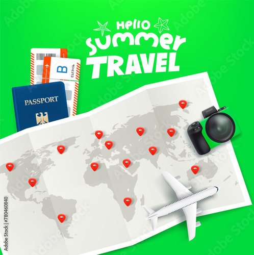 Paper world map with pins, aircraft, tickets, passport and digital camera