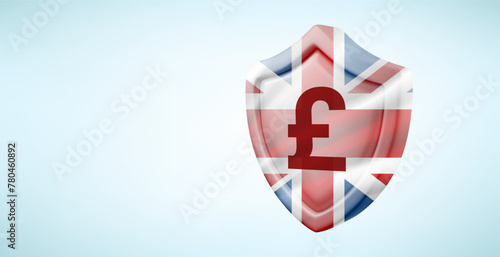Metal shield with GBP currency sign isolated on white background. 3d vector banner with copy space