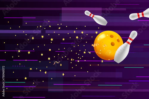 Flying bowling ball with skittles on abstract background. 3d vector illustration
