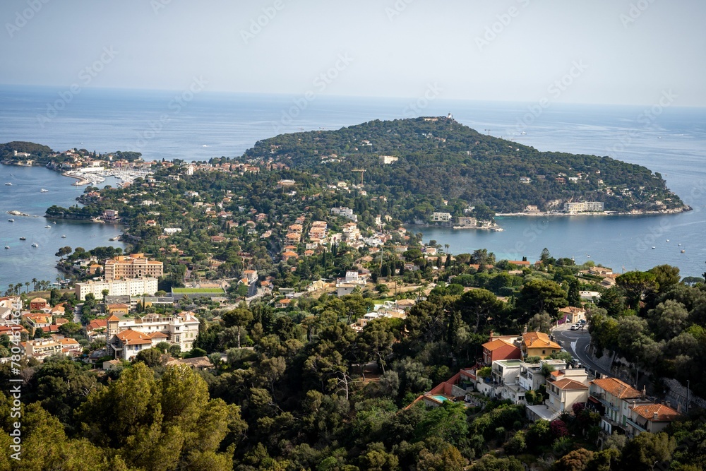Aerial view of a town on an island near the ocean