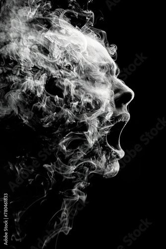 Face covered in smoke shouting or gasping for air on black background. 