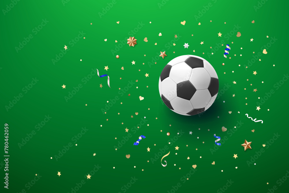Fototapeta premium Soccer ball on green background with confetti. 3d vector illustration