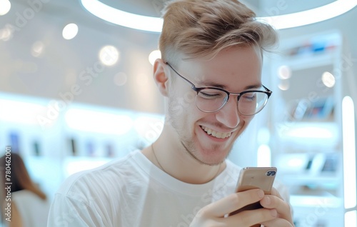 Happy young man shopping for a new smartphone in an electronics store, smiling while sitting at a counter near a shelf with digital products. man wearing glasses inside a modern shop interior