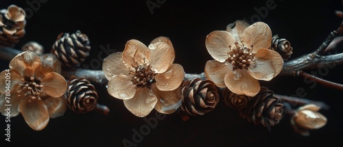 Delicately arranged flowers  pine cones on a branch  against solid black  dimly lit  close view   8K   high-resolution  ultra HD up32K HD