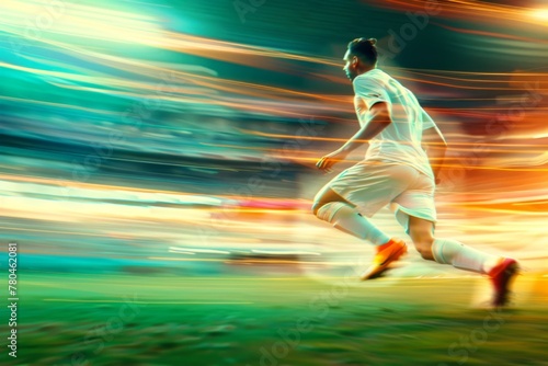 Motion-blurred image capturing the intensity and speed of a soccer player during a nighttime game