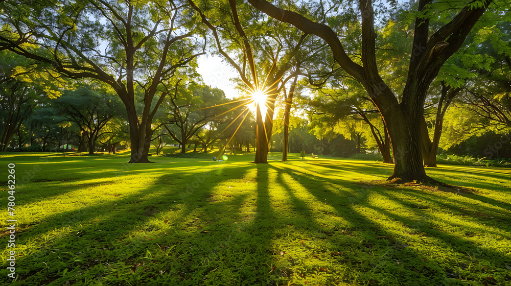 Obraz premium the sun shines through the trees in a forest filled with lush green grass and trees with long shadows on the ground and in the foreground, the sun shining through the trees.