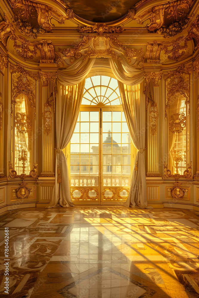 Golden sunlight casting shadows in an ornate baroque-style ballroom.