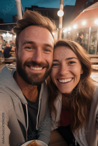 Romantic couple dating night smiling and laughing together having fun. Love and relationship young people enjoying nightlife. Tourist on vacation. Outdoor leisure activity. Taking selfie © simona