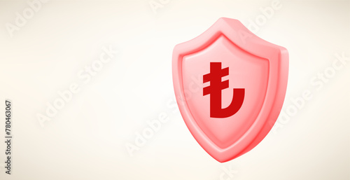 Metal shield with turlish lira currency sign isolated on white background. 3d vector banner with copy space photo