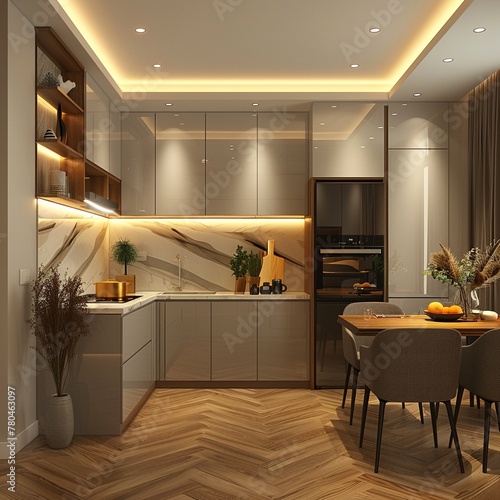 Simple, small kitchen, minimalist style, onebedroom, with parquet and dining area, ambient lighting , 8K , high-resolution, ultra HD,up32K HD photo