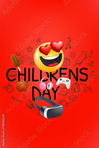 Childrens day greeting card with doodlу and 3d elements