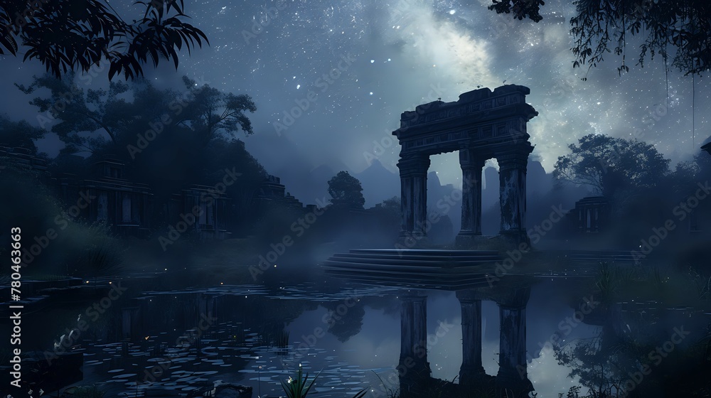 Mystical Moonlit Ruins: Nature's Elegance./n