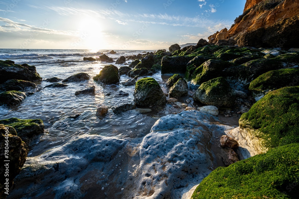 Fototapeta premium Beautiful view of moss covered stones at the coastline during a sunrise