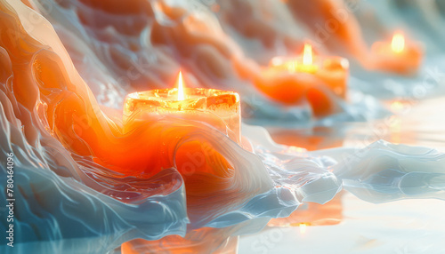 Digital artwork of candles with flames, embedded in a flowing, wavy, semi-translucent structure that mimics melted wax or fluid motion.