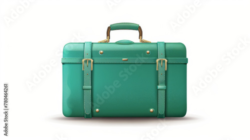 Vintage Green Leather Suitcase on White Background, Classic green leather suitcase with golden accents, perfect for travel or vintage decor.