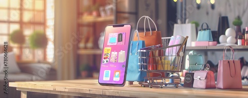 a cellphone and shopping bags on a table photo