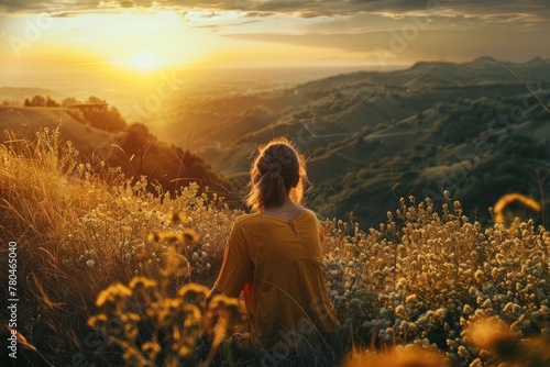 Woman relaxes amidst wildflowers, gazing at a stunning field sunset