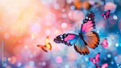 Sunlit Dance of Monarch Butterflies, Monarch butterflies in flight, illuminated by sunlight that filters through a bokeh backdrop, creating a vibrant and dynamic celebration of nature