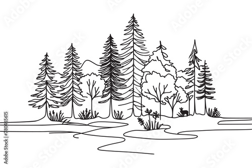 forest in one line. vector illustration of a forest with many trees. graphic illustration