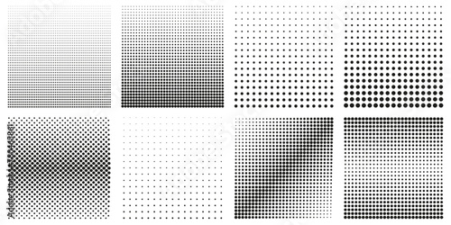 Collection of Halftone Dots Patterns. Black and White Geometric Gradients Set. Isolated Vector Illustration