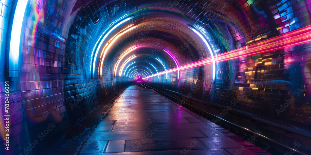Fototapeta premium High-speed light trails through the tunnel, 3d colorful blue red pink oraange glowing grid tunnel with black hole, Cosmic wormhole. Abstract colorful tunnel banner 