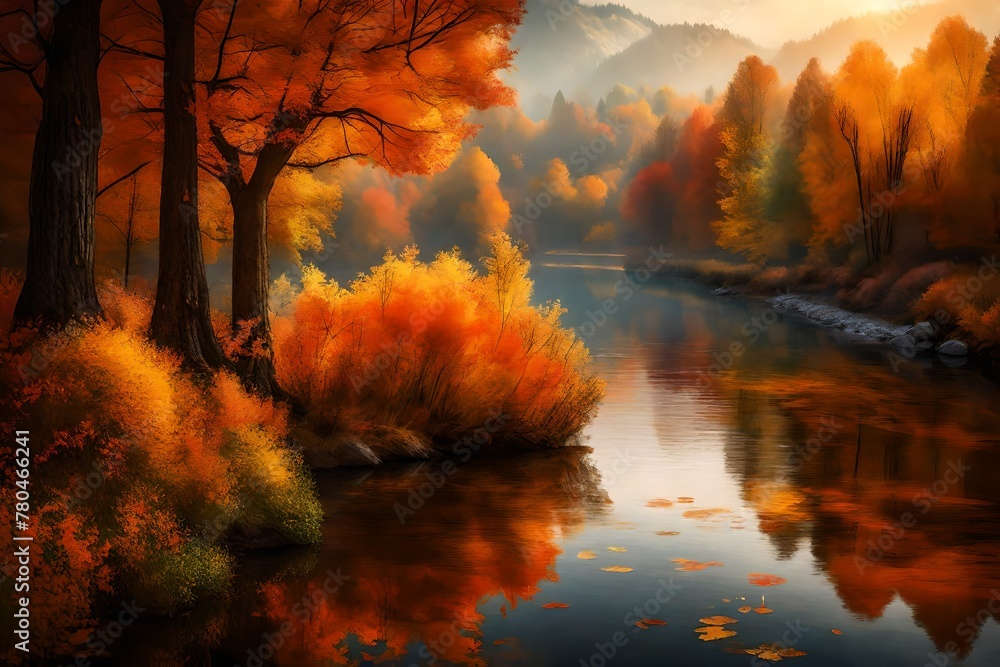 A peaceful river scene, where the banks are painted in the colors of fall.